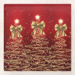 Christmas Sparkling Trees Red Gold Faux Bow  Glass Coaster