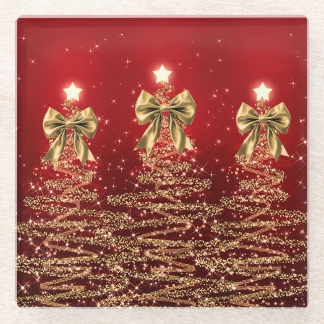 Christmas Sparkling Trees Red Gold Faux Bow  Glass Coaster (Front)