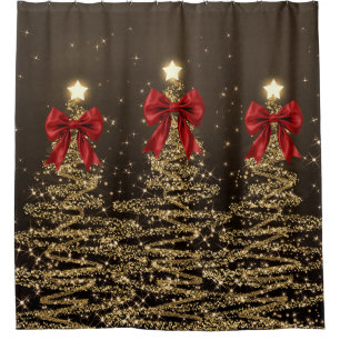 Christmas Sparkling Trees Red Gold Faux Bow Shower Curtain