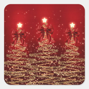 Christmas Sparkling Trees Red Gold Faux Bow  Square Sticker