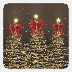 Christmas Sparkling Trees Red Gold Faux Bow  Square Sticker