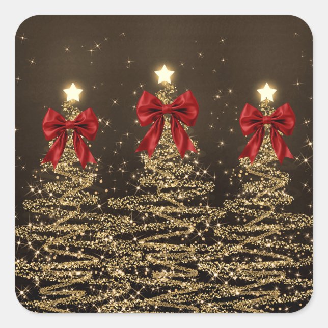 Christmas Sparkling Trees Red Gold Faux Bow  Square Sticker (Front)
