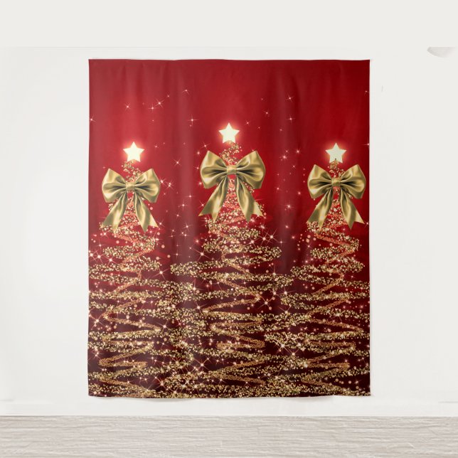 Christmas Sparkling Trees Red Gold Faux Bow  Tapestry (Front)