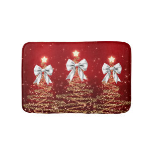 Christmas Sparkling Trees Red Gold Silver Bow  Bath Mat