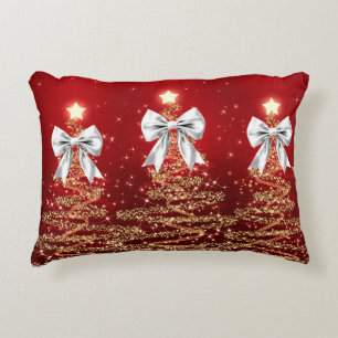 Christmas Sparkling Trees Red Gold Silver Bow Decorative Cushion