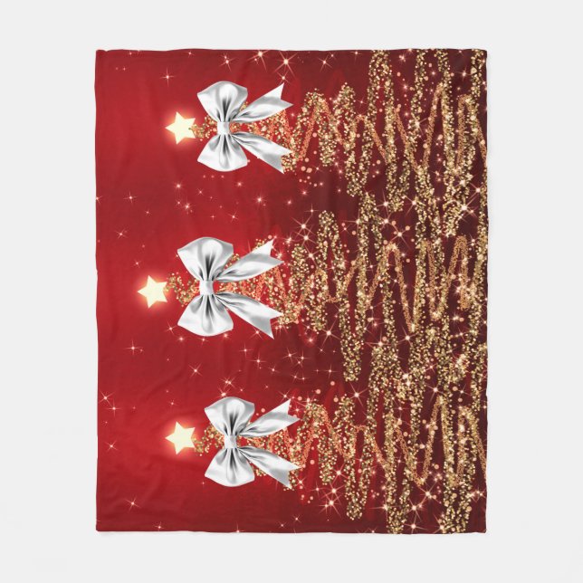 Christmas Sparkling Trees Red Gold Silver Bow  Fleece Blanket (Front)