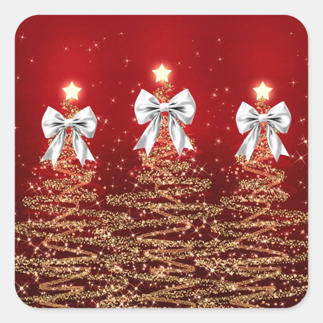 Christmas Sparkling Trees Red Gold Silver Bow  Square Sticker (Front)
