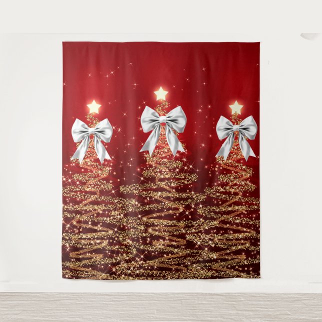 Christmas Sparkling Trees Red Gold Silver Bow  Tapestry (Front)