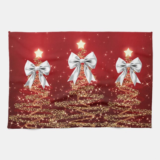 Christmas Sparkling Trees Red Gold Silver Bow  Tea Towel (Horizontal)