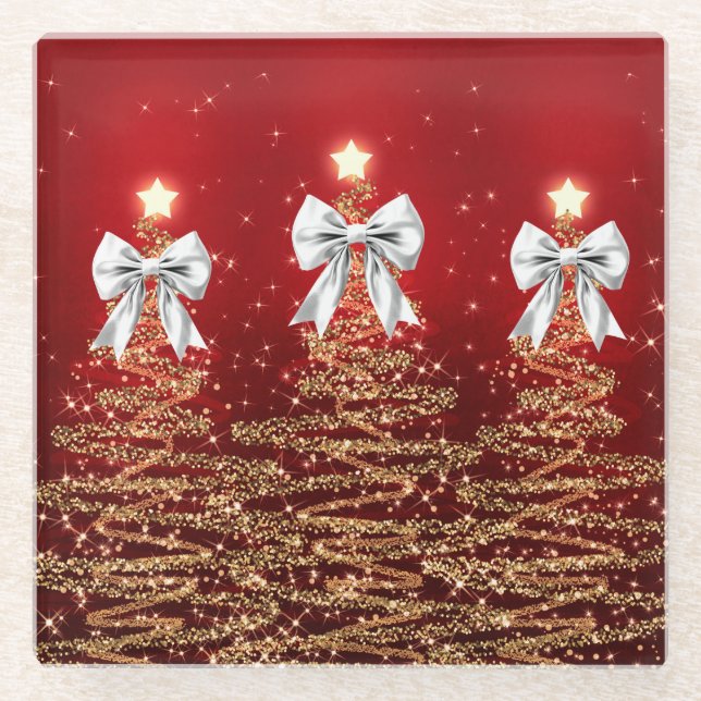 Christmas Sparkling Trees Red Silver Faux Bow  Glass Coaster (Front)