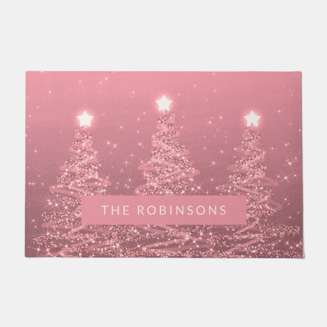 Christmas Sparkling Trees Rose Gold Family Name  Doormat (Front)