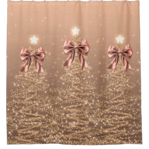 Christmas Sparkling Trees Rose Gold Faux Bow  Shower Curtain