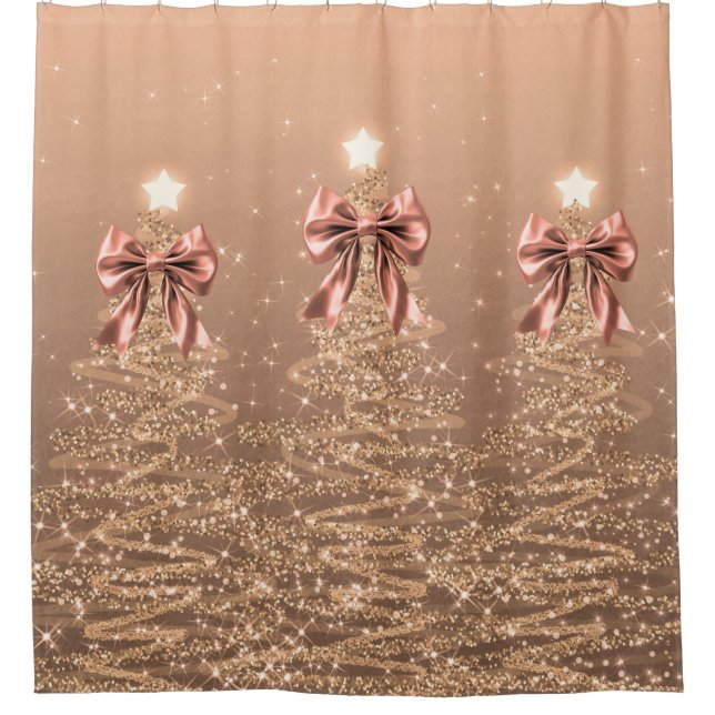 Christmas Sparkling Trees Rose Gold Faux Bow  Shower Curtain (Front)
