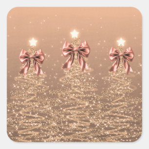 Christmas Sparkling Trees Rose Gold Faux Bow  Square Sticker