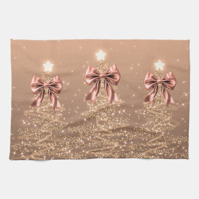 Christmas Sparkling Trees Rose Gold Faux Bow  Tea Towel (Horizontal)