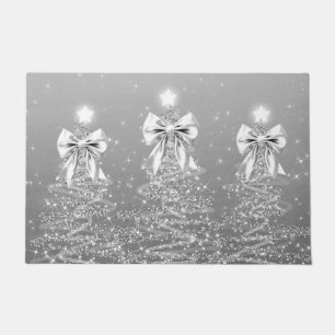Christmas Sparkling Trees Silver Faux Bow Doormat