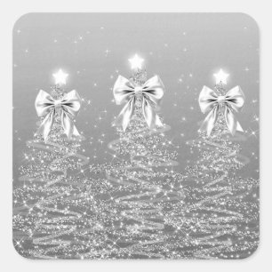 Christmas Sparkling Trees Silver Faux Bow Square Sticker