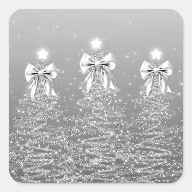 Christmas Sparkling Trees Silver Faux Bow  Square Sticker (Front)