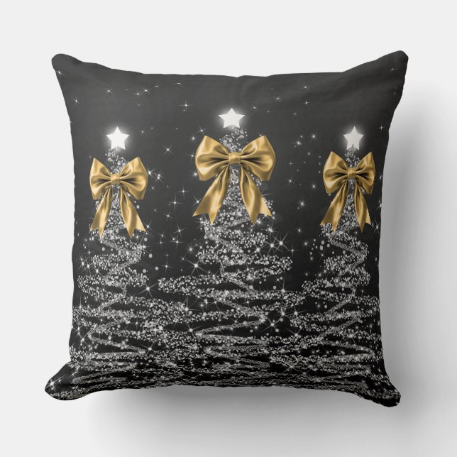 Christmas Sparkling Trees Silver Faux Gold Bow  Cushion (Front)