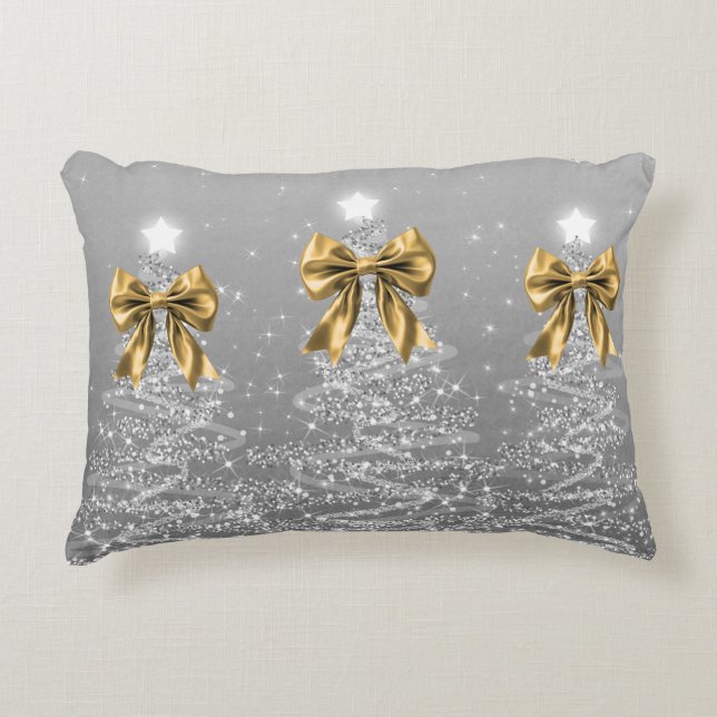 Christmas Sparkling Trees Silver Faux Gold Bow  Decorative Cushion (Front)