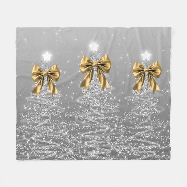 Christmas Sparkling Trees Silver Faux Gold Bow  Fleece Blanket (Front (Horizontal))