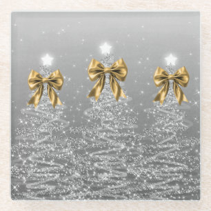 Christmas Sparkling Trees Silver Faux Gold Bow Glass Coaster