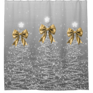 Christmas Sparkling Trees Silver Faux Gold Bow  Shower Curtain