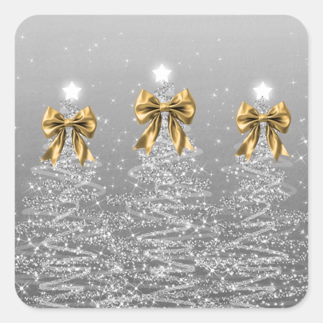 Christmas Sparkling Trees Silver Faux Gold Bow  Square Sticker (Front)