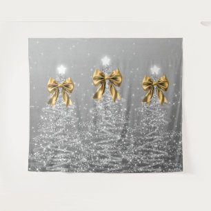 Christmas Sparkling Trees Silver Faux Gold Bow Tapestry