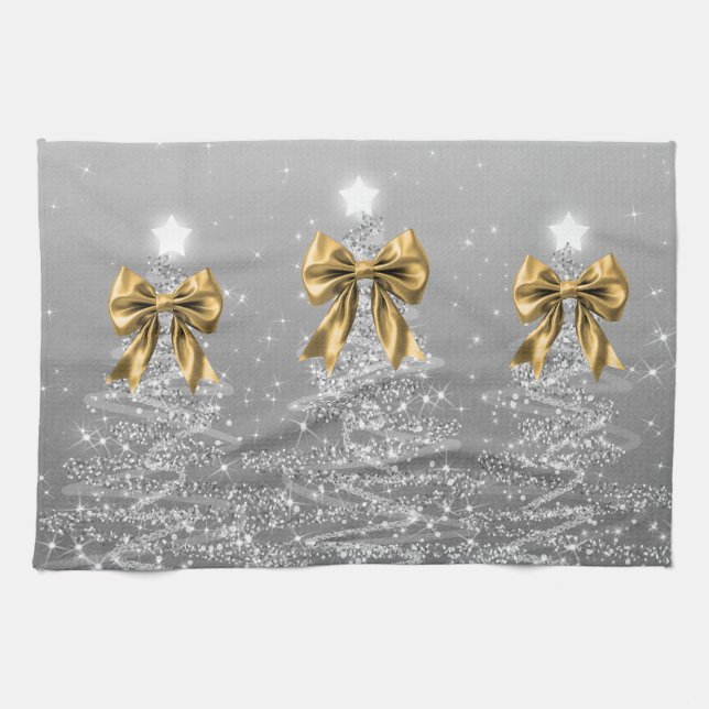 Christmas Sparkling Trees Silver Faux Gold Bow  Tea Towel (Horizontal)