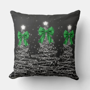 Christmas Sparkling Trees Silver Faux Green Bow  Cushion
