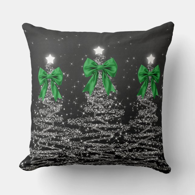 Christmas Sparkling Trees Silver Faux Green Bow  Cushion (Front)