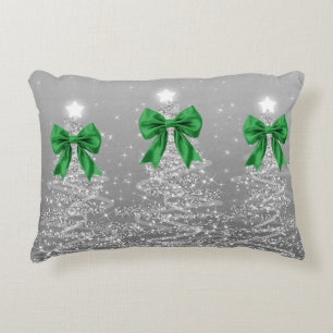 Christmas Sparkling Trees Silver Faux Green Bow  Decorative Cushion