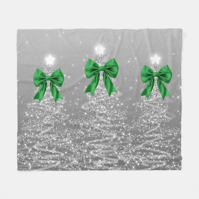 Christmas Sparkling Trees Silver Faux Green Bow  Fleece Blanket (Front (Horizontal))