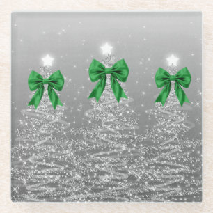 Christmas Sparkling Trees Silver Faux Green Bow  Glass Coaster