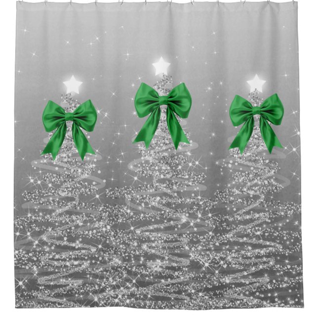 Christmas Sparkling Trees Silver Faux Green Bow  Shower Curtain (Front)