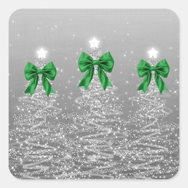 Christmas Sparkling Trees Silver Faux Green Bow  Square Sticker (Front)