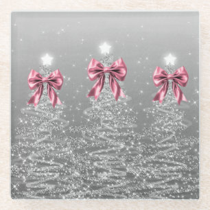 Christmas Sparkling Trees Silver Faux Pink Bow Glass Coaster