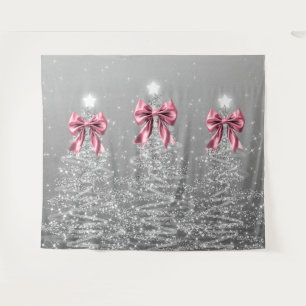 Christmas Sparkling Trees Silver Faux Pink Bow Tapestry