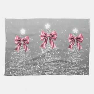 Christmas Sparkling Trees Silver Faux Pink Bow Tea Towel