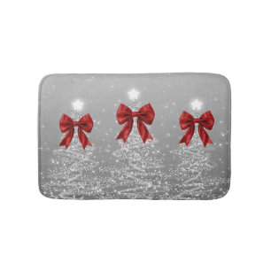 Christmas Sparkling Trees Silver Faux Red Bow  Bath Mat