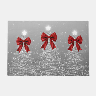 Christmas Sparkling Trees Silver Faux Red Bow Doormat