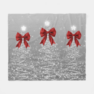Christmas Sparkling Trees Silver Faux Red Bow Fleece Blanket