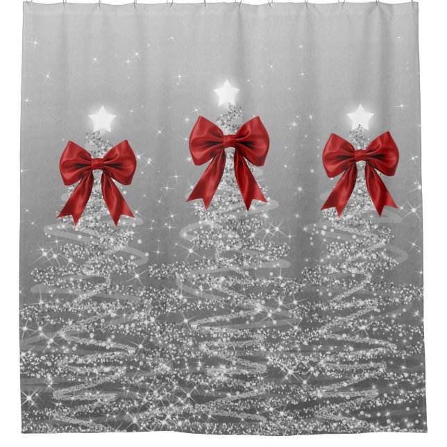 Christmas Sparkling Trees Silver Faux Red Bow  Shower Curtain (Front)