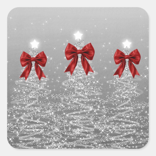 Christmas Sparkling Trees Silver Faux Red Bow  Square Sticker (Front)