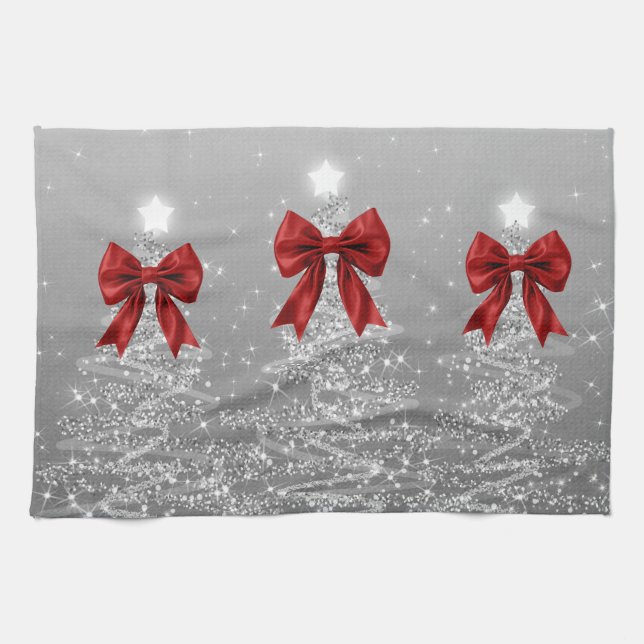 Christmas Sparkling Trees Silver Faux Red Bow  Tea Towel (Horizontal)