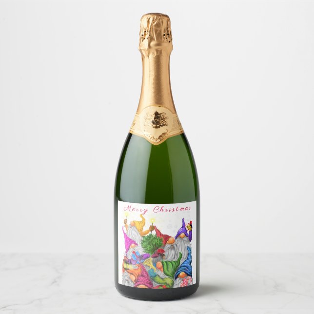 Christmas Sparkling Wine Label Happy Gnome Party (Front)