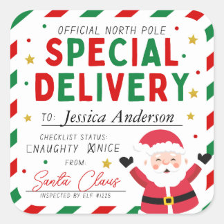 Christmas Special Delivery North Pole Santa Kids Square Sticker
