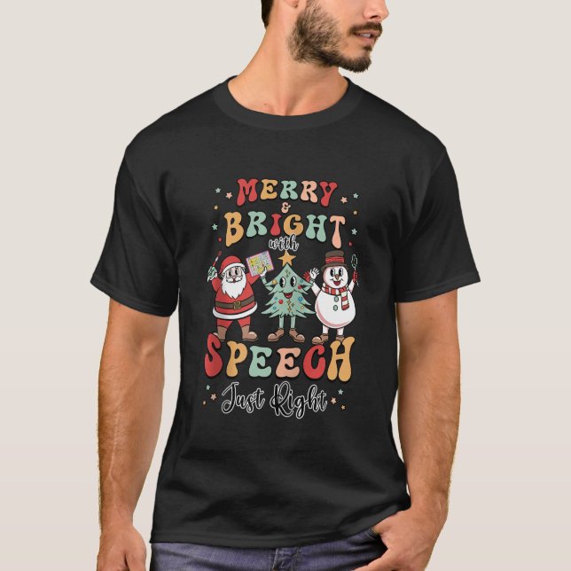 Christmas Speech Therapy Merry Bright AAC SLP Ther T-Shirt (Front)