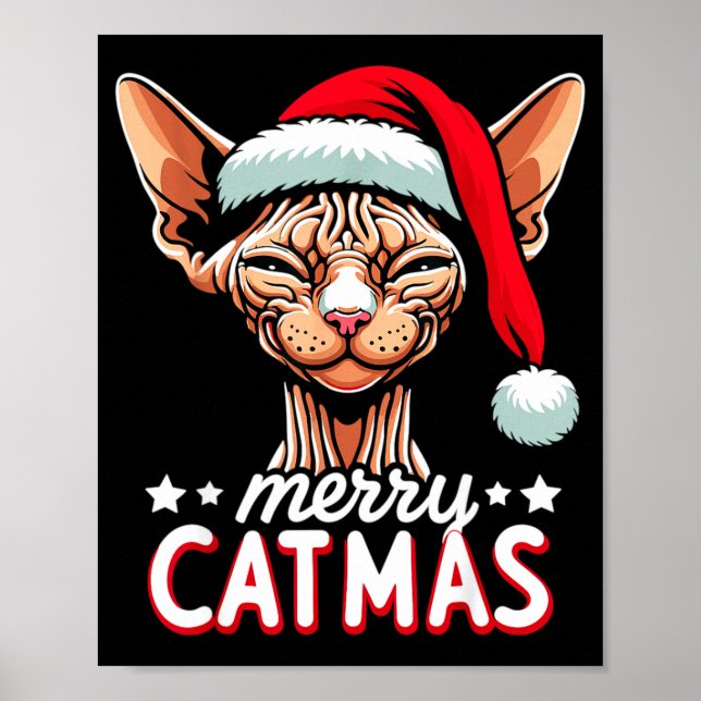 Christmas Sphynx Cat Merry Catmas Santa Hat Xmas  Poster (Front)